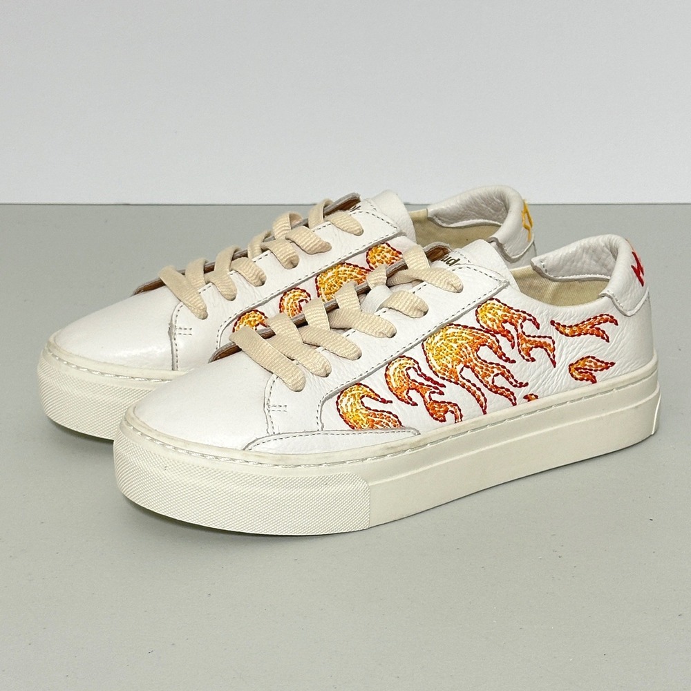 Soludos Hot Stuff Shoes 6.5 White Leather Flame Embroidered Platform Sneakers